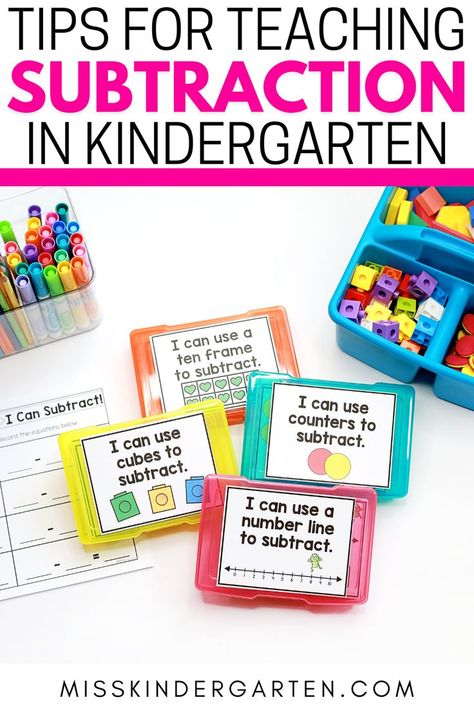 Four subtraction task card boxes. Shape Activities Kindergarten, Teaching Subtraction, Shape Activities, Subtraction Kindergarten, Kindergarten Anchor Charts, Subtraction Strategies, Addition And Subtraction Practice, Miss Kindergarten, Classroom Lesson Plans