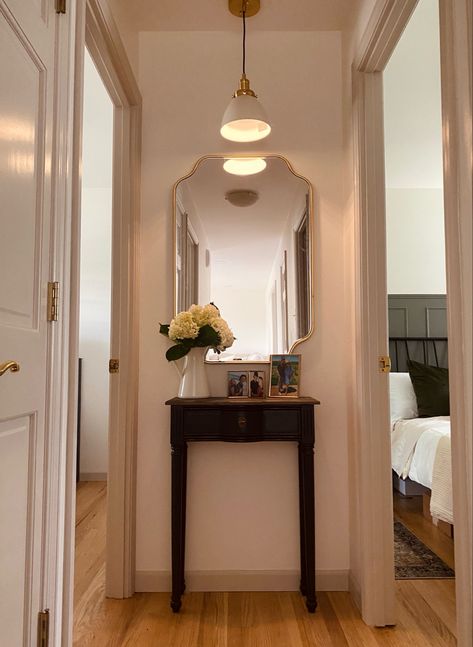 Styling A Hallway, Small Wall Between Two Doors, End Of Corridor Decor, Light Over Mirror Hallway, Mirror In Small Hallway, Narrow Hallway Mirror, Mini Hallway Decor, End Of A Hallway Decor, Hallway Mirror Narrow