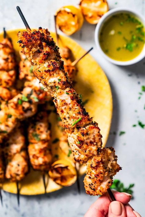 Chicken spiedini are Italian chicken skewers marinated with white wine and lemon zest, then breaded, skewered, and grilled until golden! #chicken #spiedini #italian Skewer Recipes Chicken, Lemon Garlic Butter Chicken Spiedini, Chicken Skewers In Oven, Lemon Pepper Chicken Skewers, Chicken Spiedini, Beer Battered Chicken, Italian Dressing Chicken, Chicken Saltimbocca, Golden Chicken