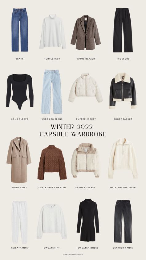 Clothes You Need For Winter, Winter Outfits Capsule Wardrobe 2023, Essentials For Winter Clothing, Korean Winter Capsule Wardrobe, Canada Capsule Wardrobe, Winter Travel Outfit Capsule, Essential Winter Wardrobe, Basics For Winter Wardrobe, Winter Staple Wardrobe