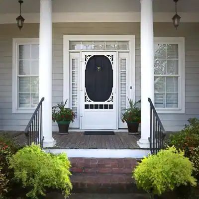 Front Screen Door, Porch Stain, Stoop Decor, Front Door With Screen, Vinyl Doors, Screen Doors, White Screen, Vinyl Collection, White Doors