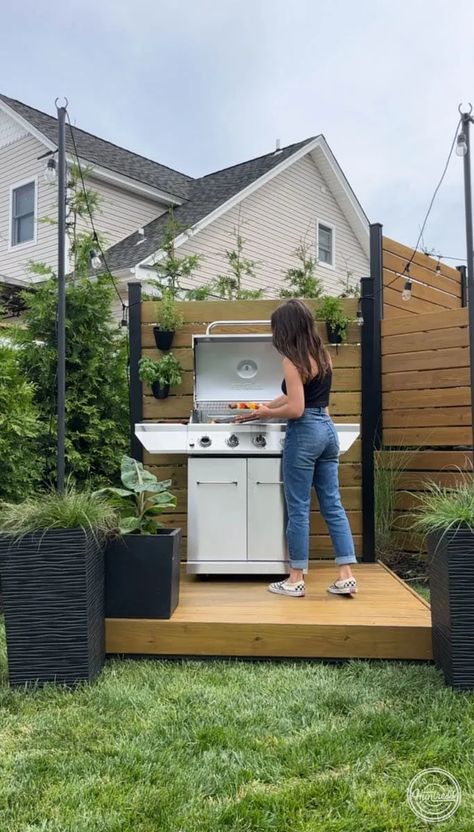 Building A Floating Deck + Grill Station (In One Weekend)! - DIY Huntress Simple Grill Areas Outdoor Diy, Deck Grill Station, Diy Grill Station, Diy Huntress, Deck Grill, Building A Floating Deck, Outdoor Grill Station, Backyard Seating Area, Diy Grill