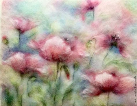 Fluffy Painting: Wool Watercolours By Marina Akserova Pastels Paintings, Crewel Embroidery Tutorial, Tissue Paper Art, Felt Wall Hanging, Felt Wall, Felt Pictures, Watercolor Poppies, Needle Felting Projects, Textile Fiber Art