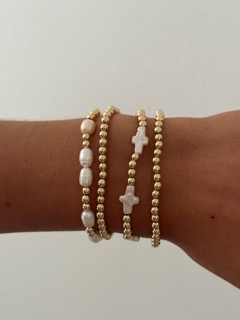 14k gold filled with freshwater pearl crosses, 6.5in Stacking Gold Jewelry, Gold Bracelet Stacks, Bracelet Names, Pretty Stacks, Bracelet Stack Ideas, Pearl Bracelet Stack, Gold Beaded Bracelets, Gold Bracelets Stacked, Surf Jewelry