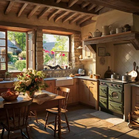 Storybook Cottage Interior, Cottage Interiors Kitchen, Dream Cottage Interior, Cozy Cottage Aesthetic, Cottage Kitchen Inspiration, Cottage Core Home, Cozy Cottage Kitchen, Cottage Core House, Cosy Decor