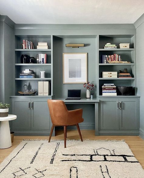 Office Built In Around Window, Inbuilt Bookshelves And Desk, Small Study Built Ins, Built In Desk Lighting, Cabinet Bookcase Built Ins, Evergreen Fog Office Cabinets, Built In Bookshelves Color, Green Built In Desk, Green Cabinet Office