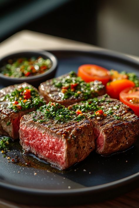 Grilled steak slices topped with chimichurri sauce next to cherry tomatoes on a black plate. Steak Meal Ideas, Steak Recipe Ideas, Delmonico Steak Recipes, Steak Recipes For Dinner, Steak Meals, Steak Dinner Ideas, Healthy Steak Recipes, Meet Recipe, Steak Board