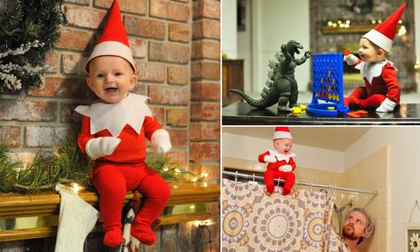 Christmas Elf Costume Diy, Baby Elf On The Shelf, Diy Elf Costume, Elf Baby, Red And White Outfits, Christmas Baby Pictures, Christmas Elf Costume, Baby Elf, Baby Milestones Pictures