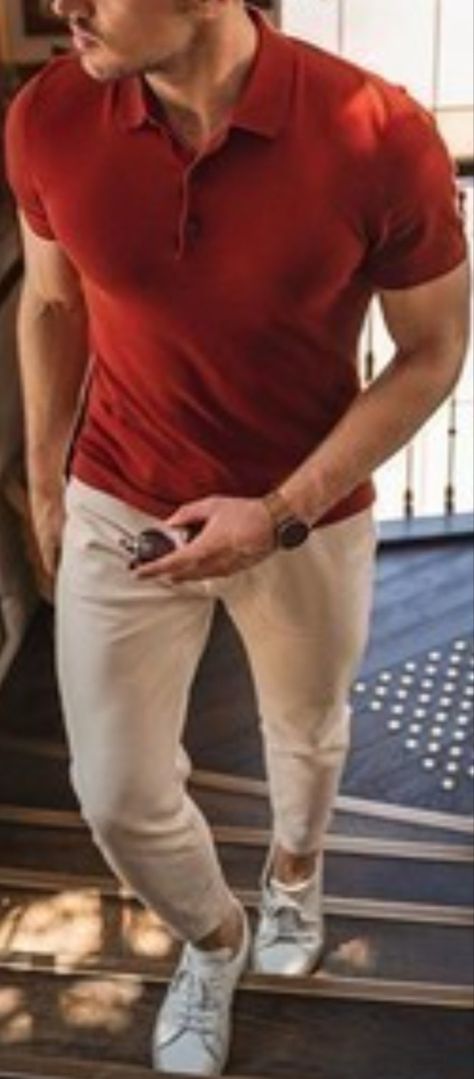 Men’s Red Shirt Outfit, Red Polo Shirt Outfit Men, Red And Beige Outfit, Red Polo Shirt Outfit, Field Clothes, Red Shirt Outfits, Polo Outfits, Polo Shirt Outfit Men, Red Shirt Men