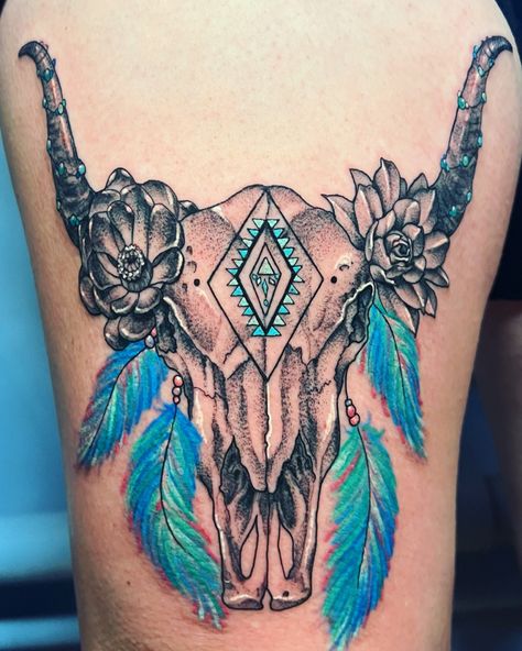 Bull Skull Mandala Tattoo, Cow Skull Hand Tattoo, Boho Skull Tattoo, Rancher Tattoo Ideas, Western Tattoos With Turquoise, Western Side Tattoo, Western Theme Tattoo Sleeve Women, Western Turquoise Tattoo, Thigh Tattoos Women Cover Up