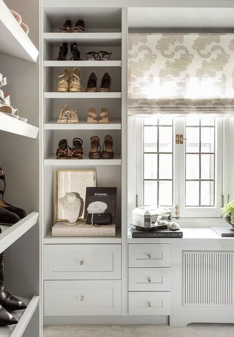 Elegant Closet with Custom Shoe Shelves with Lips - Transitional - Closet Transitional Closet, Primary Closet, Master Closets, House Closet, Dressing Room Closet, Organized Closet, Beautiful Closets, Dream Closet Design, Walking Closet