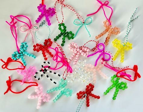 Beaded Bow Ornaments — Apricot Polkadot Diy Beaded Bow Ornaments, Beaded Bow Ornament Diy, Bow Ornaments Diy, Felt Bow Ornament, Bead Bow Ornament, Beaded Bow Ornament, Diy Bow Ornaments, Diy Bead Christmas Ornaments, Christmas Beaded Ornaments