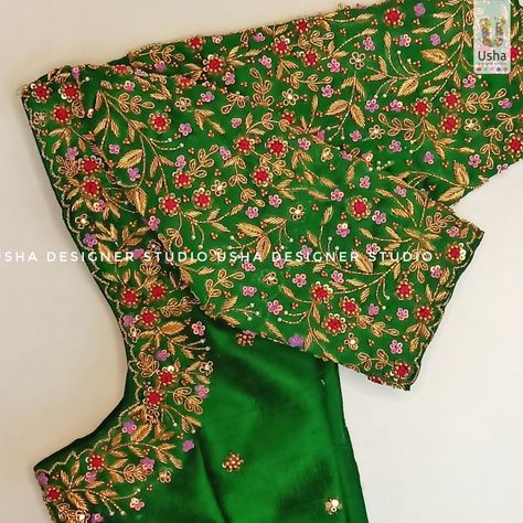 Maggam Work Designs For Green Blouse, All Over Maggam Work Designs For Blouse, Magam Work On Pattu Blouse, Magamwork Blouse Designs, Green Blouse Aari Work Designs Bridal, New Blouse Work Designs, Engagement Maggam Work Blouse Designs, Magam Designs For Blouse, All Over Blouse Work Designs