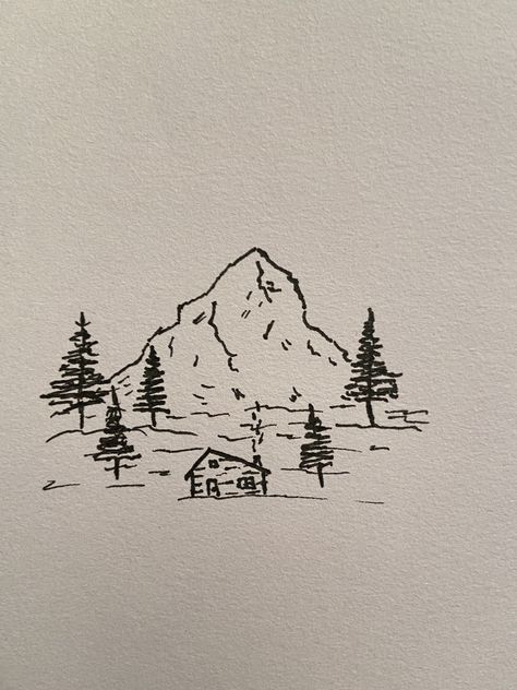 Cabin Tattoo, Cabin In Woods, Arte Aesthetic, Forest Drawing, Wonderland Christmas, Tree Box, Mountain Drawing, Nature Art Drawings, Minimalist Drawing