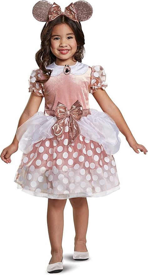 Product includes: dress with character cameo and character headband. This rose Gold Minnie Mouse dress features a felt bodice and cute glittery white polka dotted skirt. Minnie Mouse cameo gives a cute detail to the collar Rose Gold sequined Minnie Mouse ears complete this look. Disney Fancy Dress, Rose Gold Skirt, Minnie Costume, Toddler Costumes Girl, Disney Princess Costumes, Costume Toddler, Minnie Mouse Costume, Mouse Costume, Minnie Mouse Dress