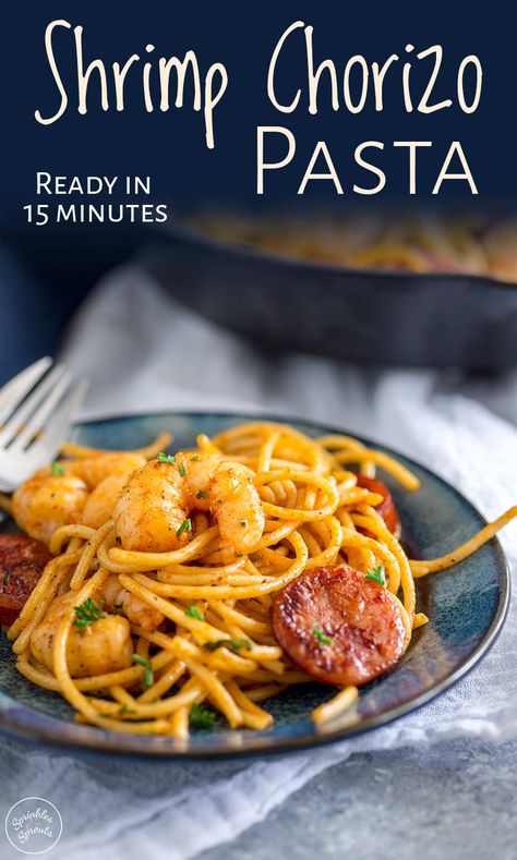 Do you need dinner on the table quick? Then this Shrimp and Chorizo pasta is the answer - ready in 10 minutes and needed just 6 ingredients! The quick and easy sauce using the flavor and oil from the chorizo to create an simple sauce for the shrimp and pasta. Add a little garlic and a touch of paprika and your pasta is ready. A great pasta recipe that doesn't use cream or tomatoes. #pastarecipe #shrimppasta #quickdinner #easydinner #quickpasta Chorizo Recipes Dinner, Shrimp Chorizo, Shrimp And Chorizo, Shrimp And Pasta, Chorizo Pasta, Quick Pasta Recipes, Chorizo Recipes, Quick Pasta, Shrimp Recipes For Dinner