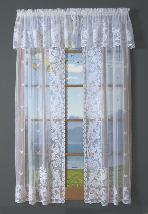 Irish Point Lace Crescent Valance - TheCurtainShop.com Cob House Interior, French Lace Curtains, Modern Sheer Curtains, Laces Design, Victorian Curtains, Sheet Curtains, Curtains Door, Lace Curtain Panels, Lace Window