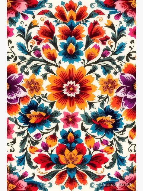 "Flowers with white background traditional Mexican style" Art Board Print by Omarupattern51 | Redbubble Mexican Flower Painting, Mexican Print Pattern, Mexican Flowers Art, Mexican Illustration Art, Mexican Folk Art Pattern, Mexican Folk Art Flowers, Mexican Style Art, Mexican Art Traditional, Mexican Paintings Ideas