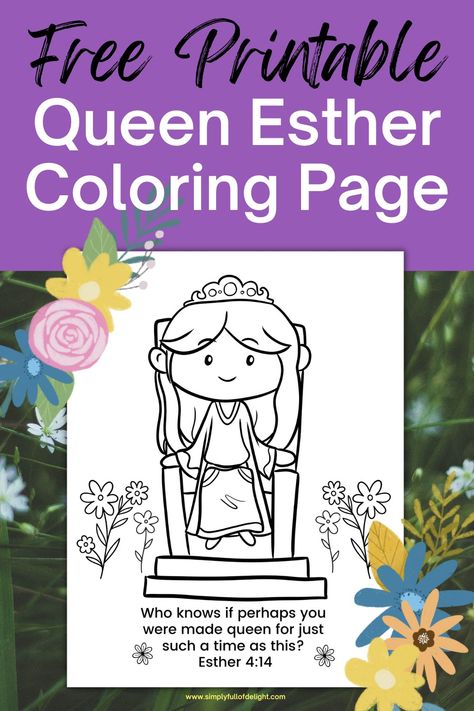 Queen Esther Coloring Page - free printable Esther Coloring Page Free Printable, Esther In Bible, Esther Bible Study For Kids, Queen Esther Crafts For Kids, Esther Bible Crafts, Esther Activities, Esther Coloring Page, Queen Esther Crafts, Queen Esther Bible Story