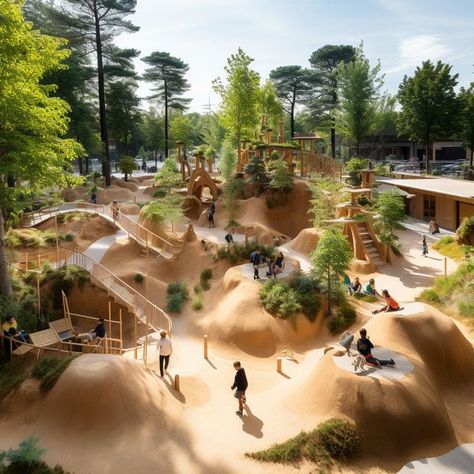 Find peace within the urban chaos at our sandplay playground surrounded by beautiful trees. Unwind and play in the heart of the city. 🏙️ #UrbanEscape #NaturePlay #CityOasis Natural Outdoor Playground, City Playground, Urban Playground, Co Housing, Playground Areas, Eco City, Lush Forest, Children Park, Park Playground