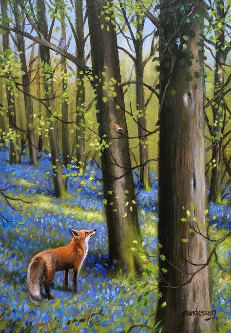 At Home in the Bluebell Woods  (sometimes in Steve Sanderson's paintings, you have to look around to see the old man walking his greyhound.  And in this one especially!   I love this element of his art) Spring Forest Illustration, Steve Sanderson Art, Fox In Woods, Blue Bell Woods, Celebrate Each New Day, Bluebell Woods, Forest Drawing, Forest Mural, Canine Art