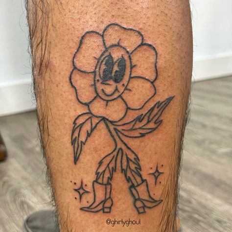 Dancing Flowers Tattoo, Groovy Flower Tattoo, Trippy Flower Tattoo, 70s Flower Tattoo, Hippie Girl Tattoos, Groovy Tattoo Ideas, Dancing Flower Tattoo, Cartoon Flower Tattoo, Flower Power Tattoo