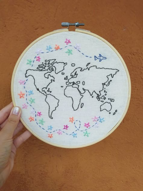 World Map Embroidery, Travel Embroidery, Country Embroidery, Map Embroidery, Embroidery Map, World Map Travel, Embroidery Sampler, Map Travel, Embroidery Gifts