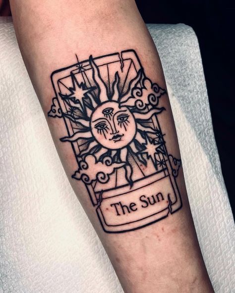 Tattoo Tarot Card Sun Tattoo, Queen Of Wands Tattoo, Tarot Card Tattoos, Card Tattoos, Judgement Tarot Card, Traditional Tattoo Black And White, Queen Of Wands, Square Tattoo, Maching Tattoos