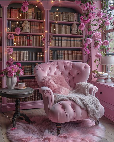 Pink Library Aesthetic, Girly Library, Pink Library, Book Bujo, Sims Interior, Pink Bookshelves, Dream Home Library, Sitting Nook, Shabby Chic Interior Design