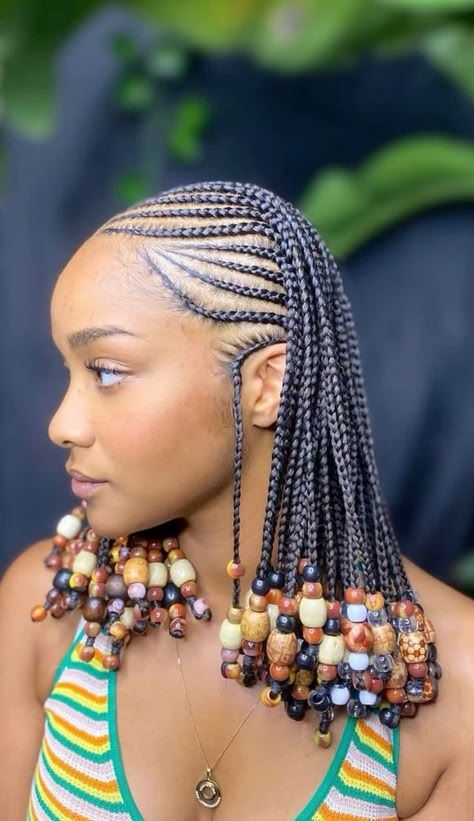 Fulani Cornrows With Beads, Long Cornrows With Beads, Conrows Lines And Braids With Beads, Twist Braids With Beads, Short Cornrows With Beads, Hair Beads Hairstyles, Short Fulani Braids With Beads, Cornrow With Beads, Trendy Cornrow Hairstyles