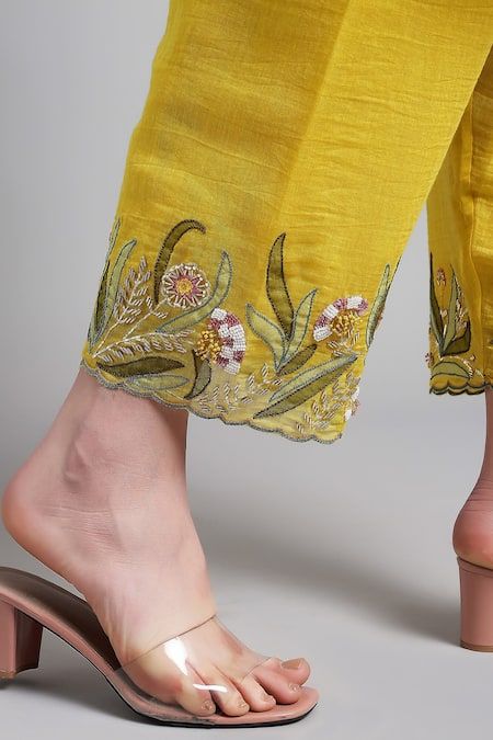 Buy Yellow Chanderi Embroidery Sequin Round Kurta Pant Set For Women by Desert Shine by Sulochana Jangir Online at Aza Fashions. Womens Pants Design, Kurta Pant Set, Salwar Designs, Dress Design Patterns, Suits Design, Embroidery Suits Design, Boutique Dress Designs, Handwork Embroidery Design, Embroidery Designs Fashion