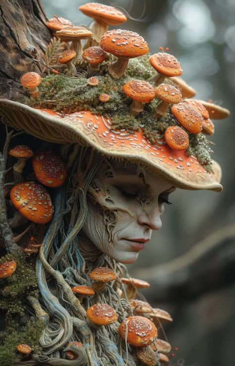 Mushroom Dryad, Moss Costume, Mushroom Fae, Goth Garden, Mexican Culture Art, Nature Goddess, Fairy Images, Mushroom Head, Fairy Art Dolls