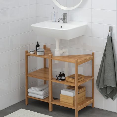 Lavabo D Angle, Ikea Sinks, Corner Vanity Unit, Bathroom Sink Storage, Under Sink Cabinet, Bathroom Sink Cabinets, Sink Shelf, Under Sink Storage, Small Space Organization