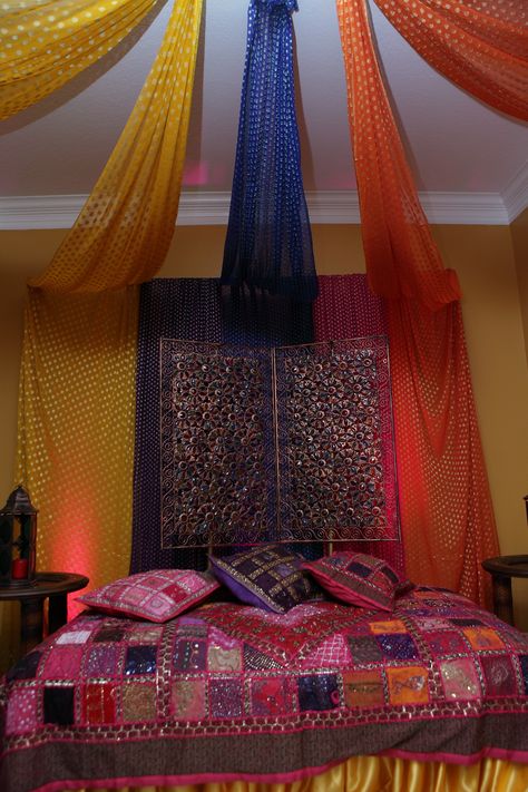 use the fan and existing curtain rods to support the saree/dupatta drapes Pink And Gold Wallpaper, Mehendi Decor Ideas, Colorful Wall Hanging, Mehndi Ceremony, Mehndi Decor, Bohemian Bedroom, Background Decoration, Wedding Arrangements, Indian Wedding Decorations