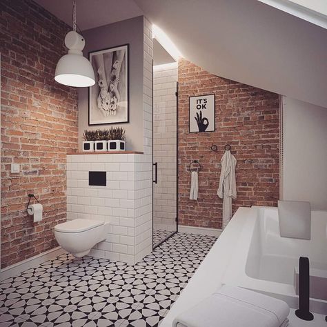 White Brick Bathroom, Exposed Brick Bathroom, Brick Bathroom, Interior Brick, Best Bathroom Designs, Small Bathroom Makeover, Decor Baie, Enjoy Your Weekend, Small Bathroom Ideas