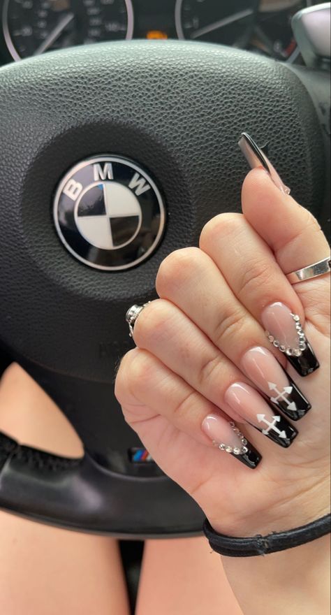 black french tip coffin nails with rhinestones and white crosses Coffin Nails Designs Summer, Nails Easter, Spring Break Nails, Cross Nails, Simple Spring Nails, 2024 Nails, Classy Nail Designs, Nail Effects, Broken Nails