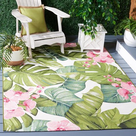 Create your own tropical paradise with the vibrant indoor/outdoor Barbados rug collection. Use in the backyard, patio, poolside or sunroom to brighten up outdoor gatherings, or use indoors to add a breezy island vibe to any room. Pool Entertaining, Beach House Patio, Pool Outdoor Living, Tropical Area Rugs, Heated Floor, Green Patio, Tub Enclosures, Contemporary Patio, Waterproof Rug