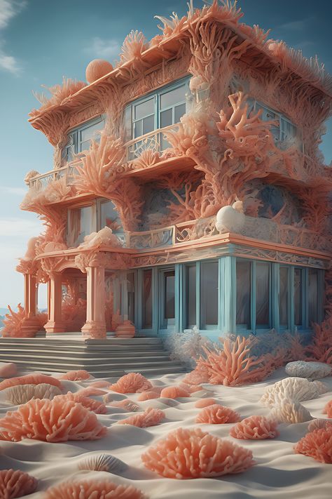 A building house made of various colors sea coral reef Coral Inspired Architecture, Fantasy Coral Reef, Coral Building, Sea Palace, Coral House, Dior Store, Fairy Tale Cottage, Underwater House, Alien Plants