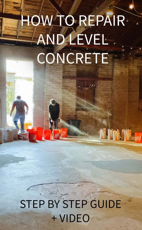 How to DIY repair and level concrete floors (this also works on driveways!!) How To Fix Concrete Floors, Redo Concrete Floors, Finishing Concrete Floors Diy, Concrete Leveling Diy, Resurface Concrete Porch, Refinish Concrete Floors, Grind And Seal Concrete Floors, Leveling Concrete Floor, Self Leveling Concrete Floor