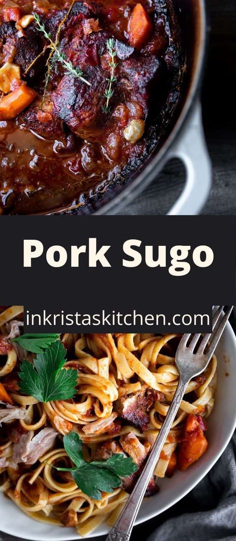 Pork Sugo is your new favorite slow cooked meal. It's bursting with rich tomato and wine flavor, cooked with pork shoulder, served with pasta or bread and topped with parmesan cheese. A meal you will most definitely eat too much of. Pork Sugo Recipe, Pork Sugo, Sugo Recipe, Butternut Squash Side Dish, Easy Pasta Dinner Recipes, Pasta Toppings, Wine Flavors, Easy Pasta Dinner, Italian Sauce