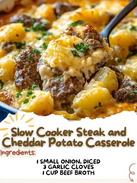 Soup Recipes ( Simple & Easy ) | Slow Cooker Steak and Cheddar Potato Casserole  | Facebook Soup Recipes Simple, Slow Cooker Steak, Cheddar Potatoes, Ranch Potatoes, Sirloin Steak, Recipes Simple, Sirloin Steaks, Crockpot Recipes Slow Cooker, Easy Slow Cooker