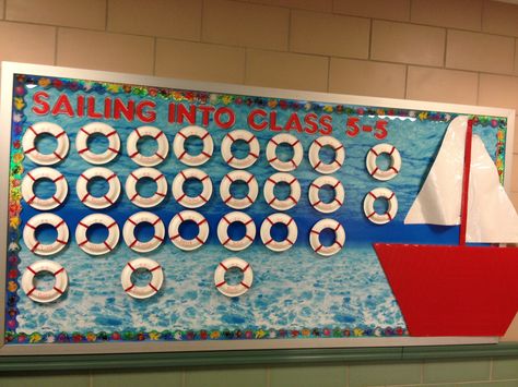 "Sailing Into..." Bulletin Board Sailing Bulletin Board, Summer Bulletin Board Ideas, Nautical Bulletin Boards, Classroom Windows, Animal Print Classroom, Patriotic Classroom, Trendy Classroom, Nautical Classroom Theme, Summer Bulletin Board