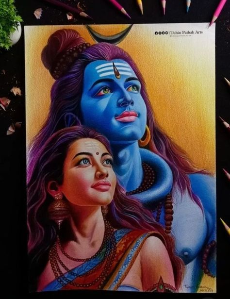 Shiv Ji And Parvati Ji Drawing, Shiv Ji Painting, Lord Paintings, Shiv Ji Drawing, Parvati Shiv, Gods Drawing, Tire Cake, Cat Portrait Painting, Pencil Drawing Images