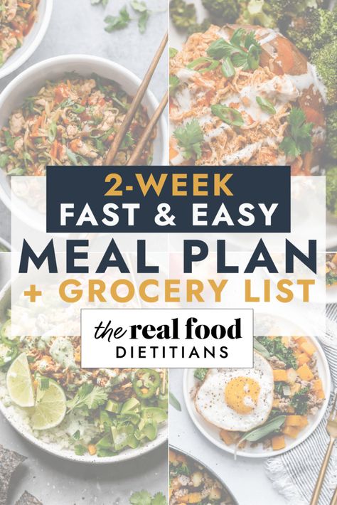 This 2-Week Fast and Easy Meal Plan features fast yet hearty meals the whole family will love. It's the perfect way to ease back into the routine of early fall and back-to-school. It's FREE to everyone and even includes a grocery list for each week. Two Week Meal Plan, Meal Plan With Grocery List, Easy Meal Plan, Dietitian Recipes, Real Food Dietitians, Greek Chicken Recipes, Meal Plan Grocery List, Weekday Dinner, Easy Meal Plans