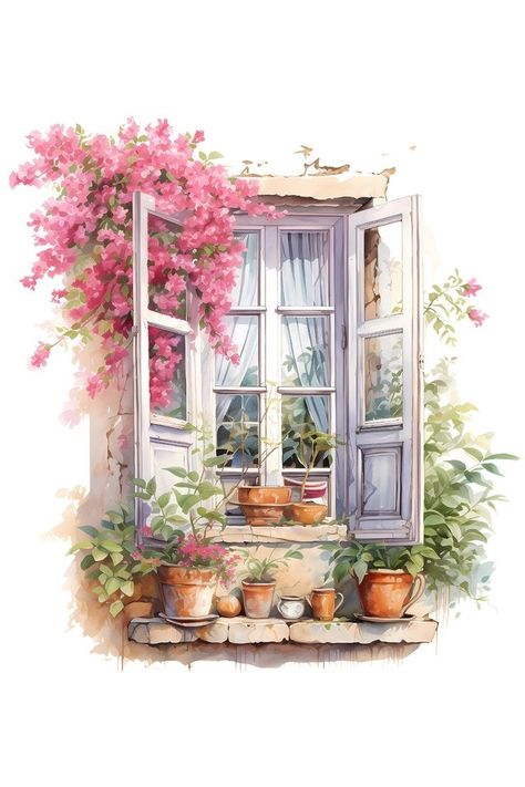 Doors Watercolor, Cottage Doors, Old Paper Background, Garden Illustration, Flower Window, Cute Cottage, Flower Painting Canvas, Amazing Art Painting, Watercolor Clipart