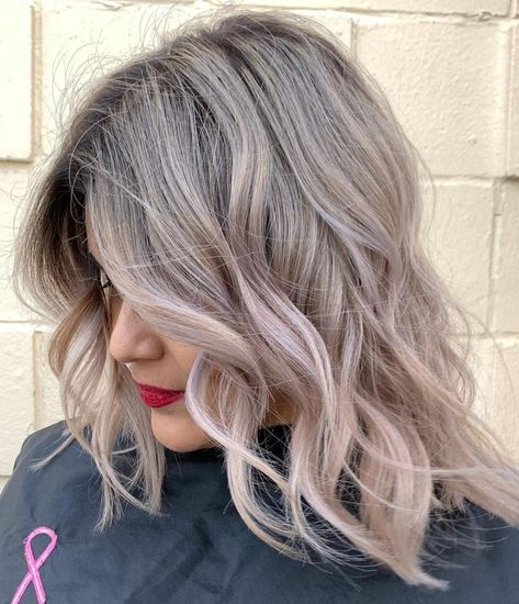 Ashy Blonde with Pastel Pink Touch Blonde With Pastel Pink, Grey Hair With Pink Highlights, Blonde With Pastel, Ash Ombre Hair, Pink Grey Hair, Dark To Light Hair, Hair With Pink Highlights, Different Hair Lengths, Ash Grey Hair