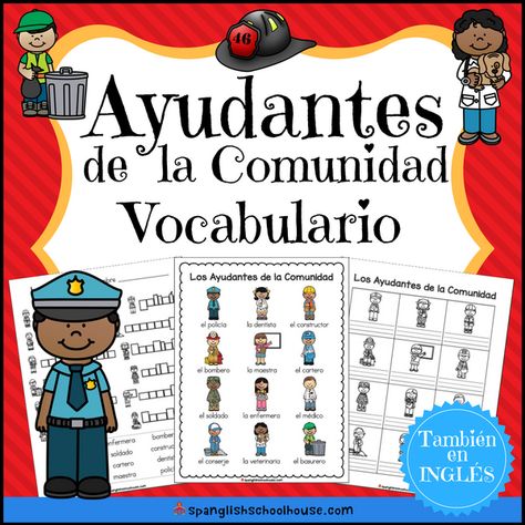 SPA Community Helpers Vocabulary Square 600x600 Spanish Immersion Kindergarten, Spanish Teacher Classroom, Spanish Preschool, Phonemic Awareness Games, Preschool Spanish, Spanish Immersion, Elementary Spanish, First Day Of School Activities, Kids Daycare