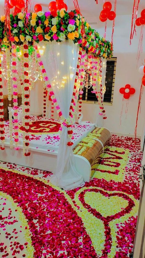 First Night Room Decoration, First Night Room, Wedding Night Bedroom, First Wedding Night, Wedding Night Room Decorations, Haidar Ali, Night Bedroom, Haldi Ceremony Decorations, Night Room