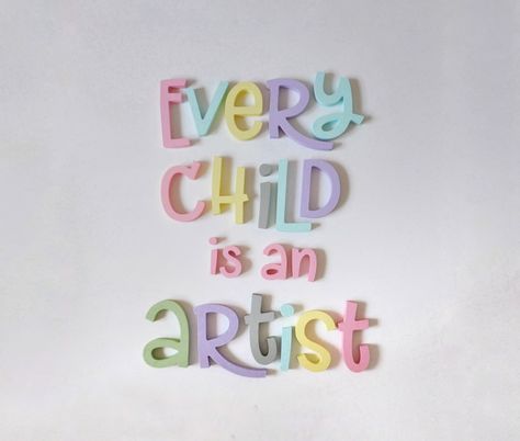 "Every Child is an artist,  picasso quotes, wooden letters, Best gift Kids room wall Decoration, Wall art, Classroom Playroom wall decor wooden picasso quote \"Every child is an artist\"  wall decor is Children Artwork Display Decal. Perfect for kids craft rooms. Install it right above their beautiful arts and crafts projects.  And best christmas gift for classroom and kidsroom decor  We can do this wall decal in any  colors you want! \"Every child is an artist\" Wall wood cutout.  -This nice cutout is made from 18mm Medium Density Fiberboard (MDF) - is for WALL DÉCOR, it is NOT freestanding. Hanging hardware has been attached to the back for you. The dimensions in the picture are for demonstrations purposes so please let us know if you need a specific size. We can let you know via message Kids Artwork Wall Display, Art And Craft Room Decoration Ideas In School, Children’s Room Decor, Child Wall Art, Every Child Is An Artist Display, Paint For Playroom, Kids Playroom Wall Ideas, Classroom Art Display Wall, Child Artwork Display