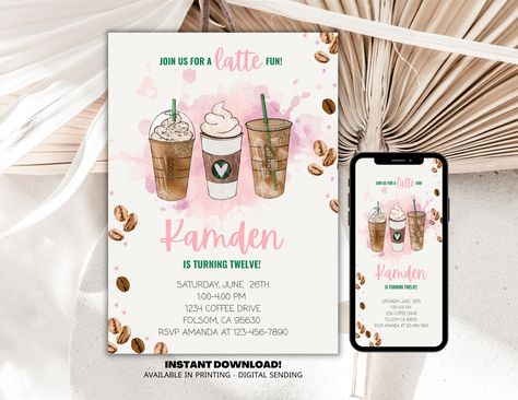 Coffee Birthday Invitation, Latte of Fun, Frappe Birthday, Coffee Invitation, Coffee Theme, Coffee Party, Editable Invitation Frappe Birthday, Coffee Invitation, Coffee Birthday, Starbucks Birthday, Coffee Party, Dinosaur Theme Party, Canva Website, Coffee Theme, Birthday Coffee